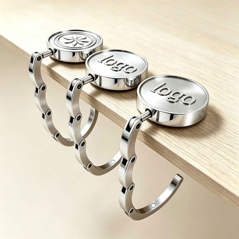 Premium custom purse hook for table in silver, featuring a custom logo and portable folding design. It is an essential handbag organizer accessory made with durable zinc alloy.