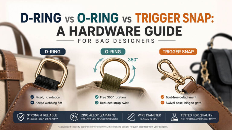 D-ring vs O-ring bag hardware comparison featuring a trigger snap hook for bags, showing how each connector works for webbing strap attachment, swivel movement, and OEM bag hardware manufacturing.