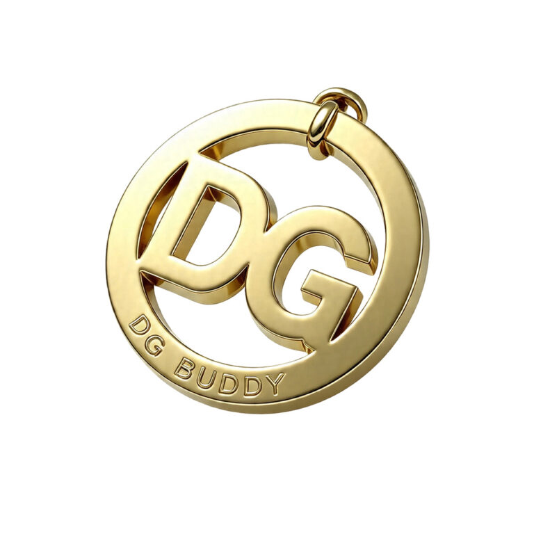 DG Buddy custom round metal logo tag for handbags with 50mm dimensions and hanging loop.