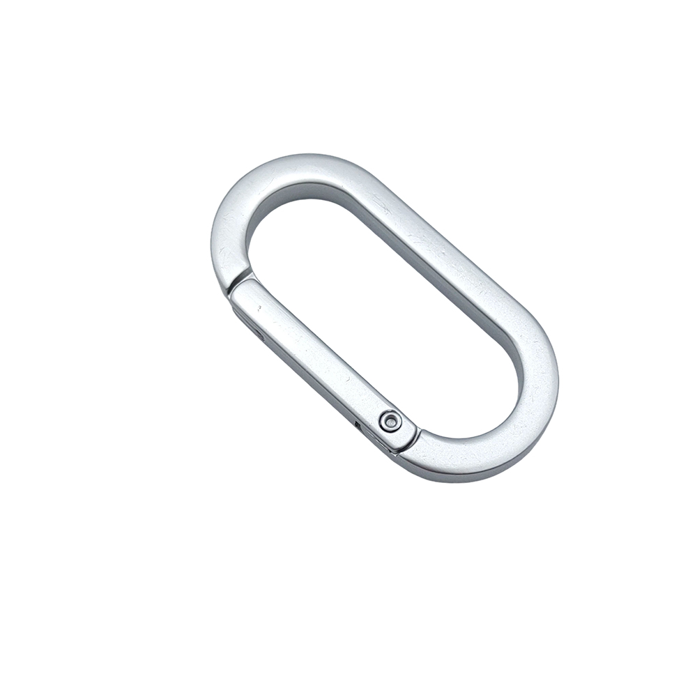Left angle view of metal spring gate O-ring highlighting the smooth surface and carabiner style hinge.
