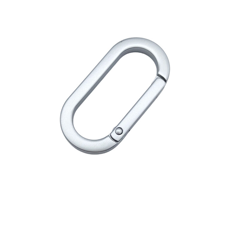Alternative angle of oval carabiner style ring showing the consistent polishing for custom bag hardware.