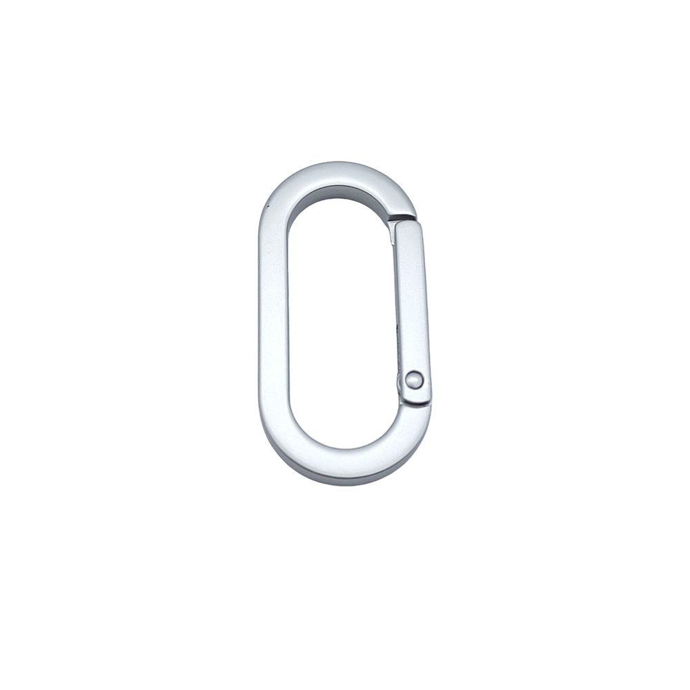 Straight front view of silver oval spring gate ring from B2B supplier for handbag strap connection.