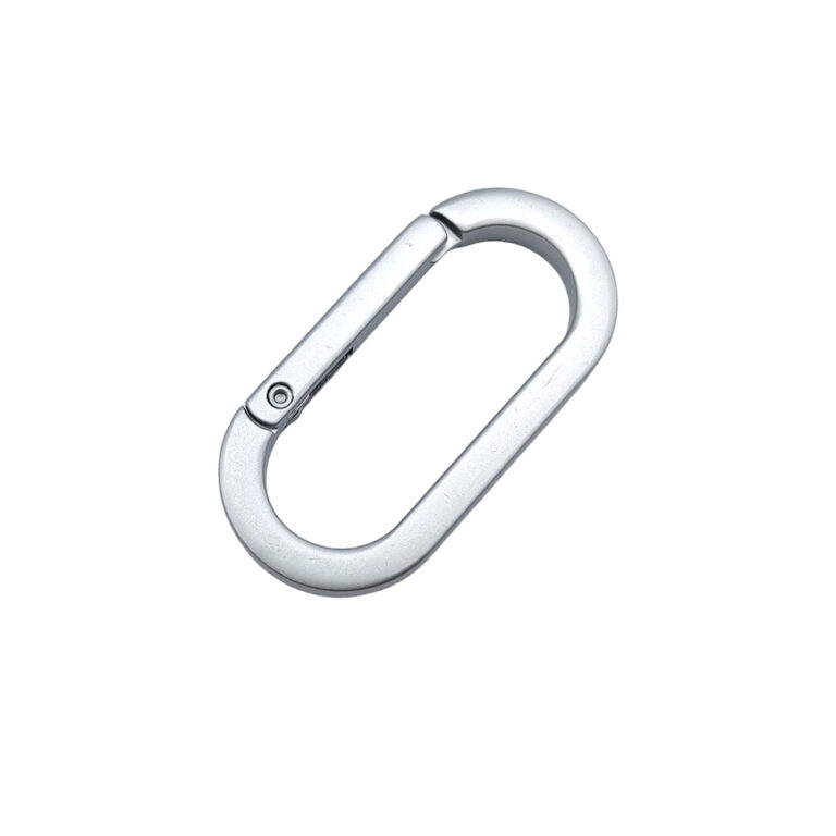 Alternative angle of oval carabiner style ring showing the consistent polishing for custom bag hardware.