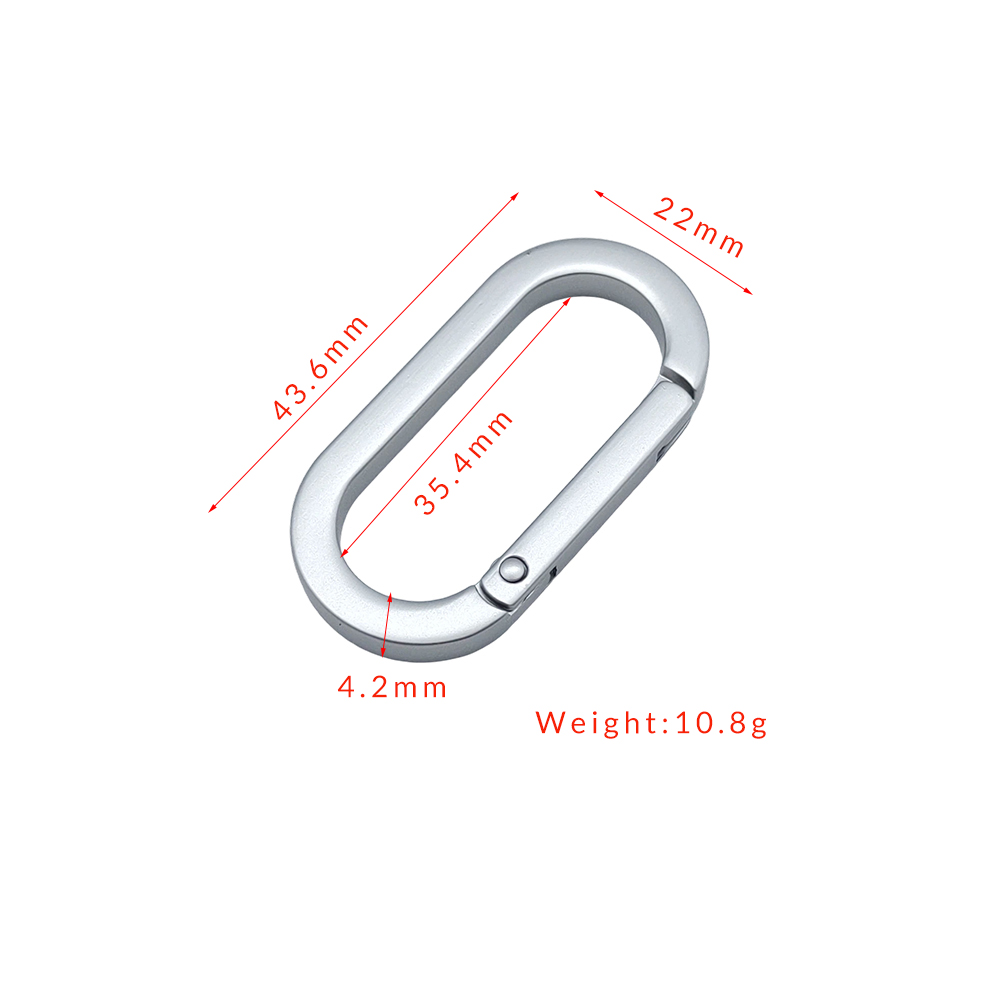 DG Buddy zinc alloy spring gate ring hardware showing precise specifications of 43.6mm length and 22mm width with 10.8g weight