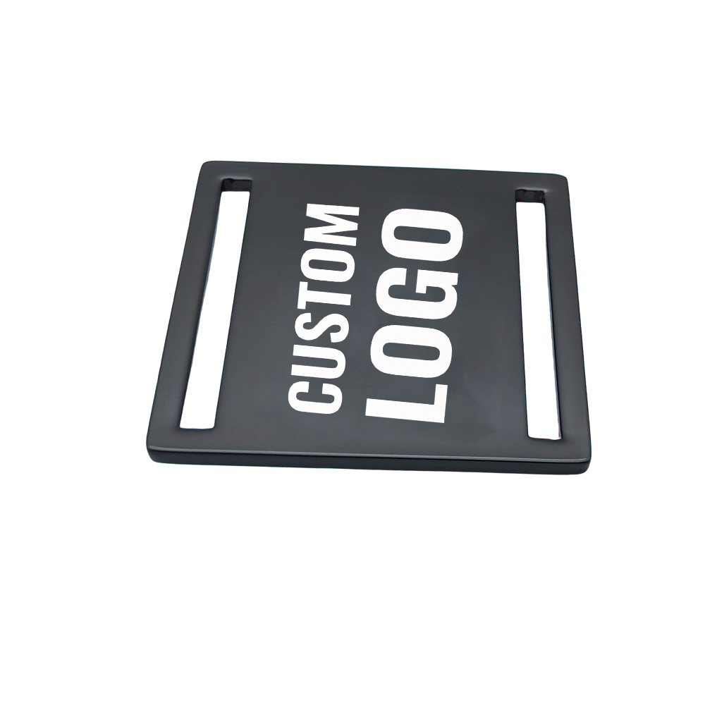 Custom dual slot metal logo plate for leather goods logo hardware.
