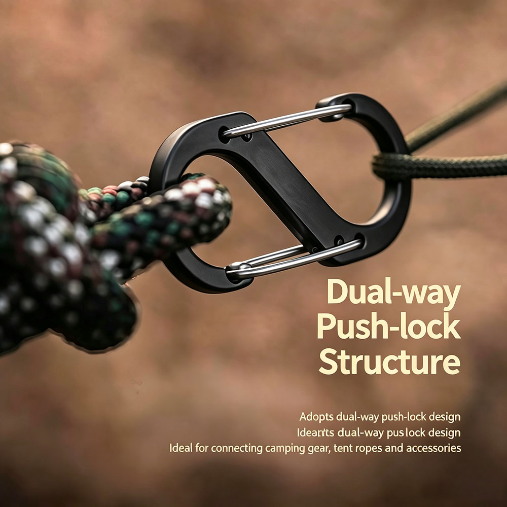 Black double gate clip featuring dual-way push-lock structure with corrosion resistant coating.