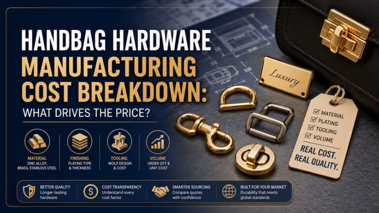 Custom handbag hardware pricing chart displaying factors affecting handbag hardware quotation such as zinc alloy, brass, and tooling fee for OEM manufacturing.