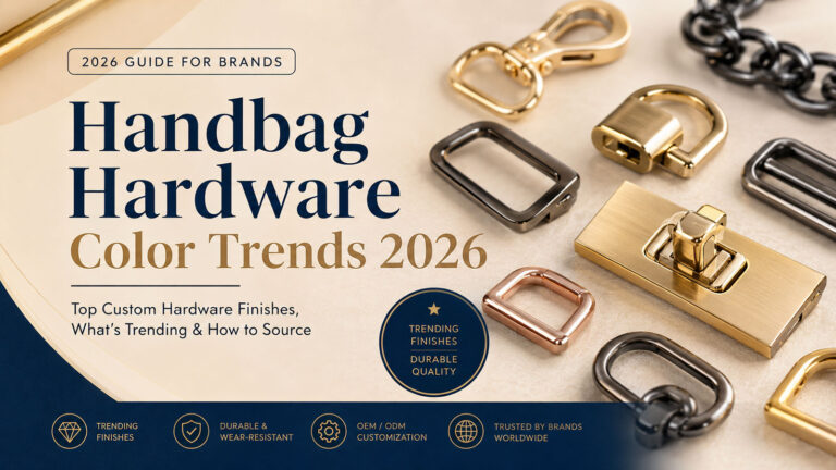 Handbag hardware color trends 2026 featuring brushed gold, gunmetal PVD coating, warm champagne, matte metal hardware and custom hardware finishes for handbags from an OEM manufacturer.