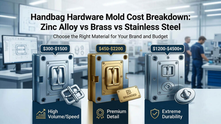 A comparative analysis banner showing the relative mold costs for Zinc Alloy ($300-$1500), Brass ($450-$2200), and Stainless Steel ($1200-$4500+) handbag hardware, highlighting the best use case for each material.