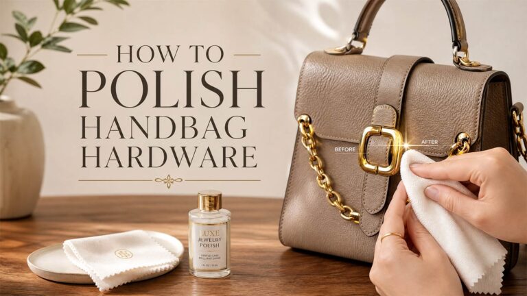 A professional guide on how to polish hardware on handbag using plating-safe polish and microfiber cloth to restore shine.