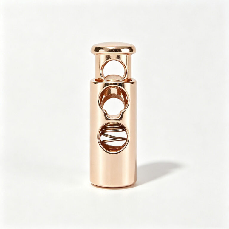 Premium luxury handbag metal cord lock with high shine light gold rack plating finish
