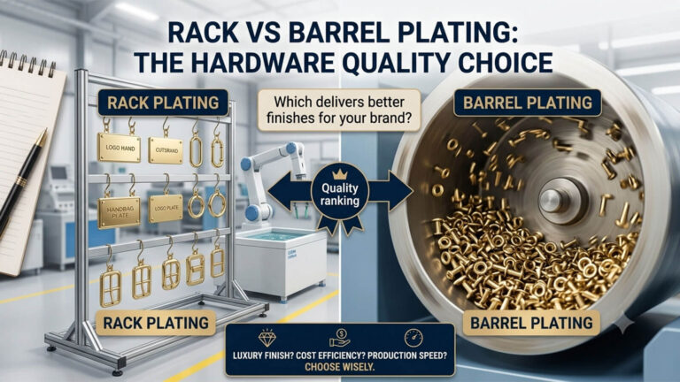 Rack plating vs barrel plating electroplating process quality comparison for zinc alloy handbag hardware parts.