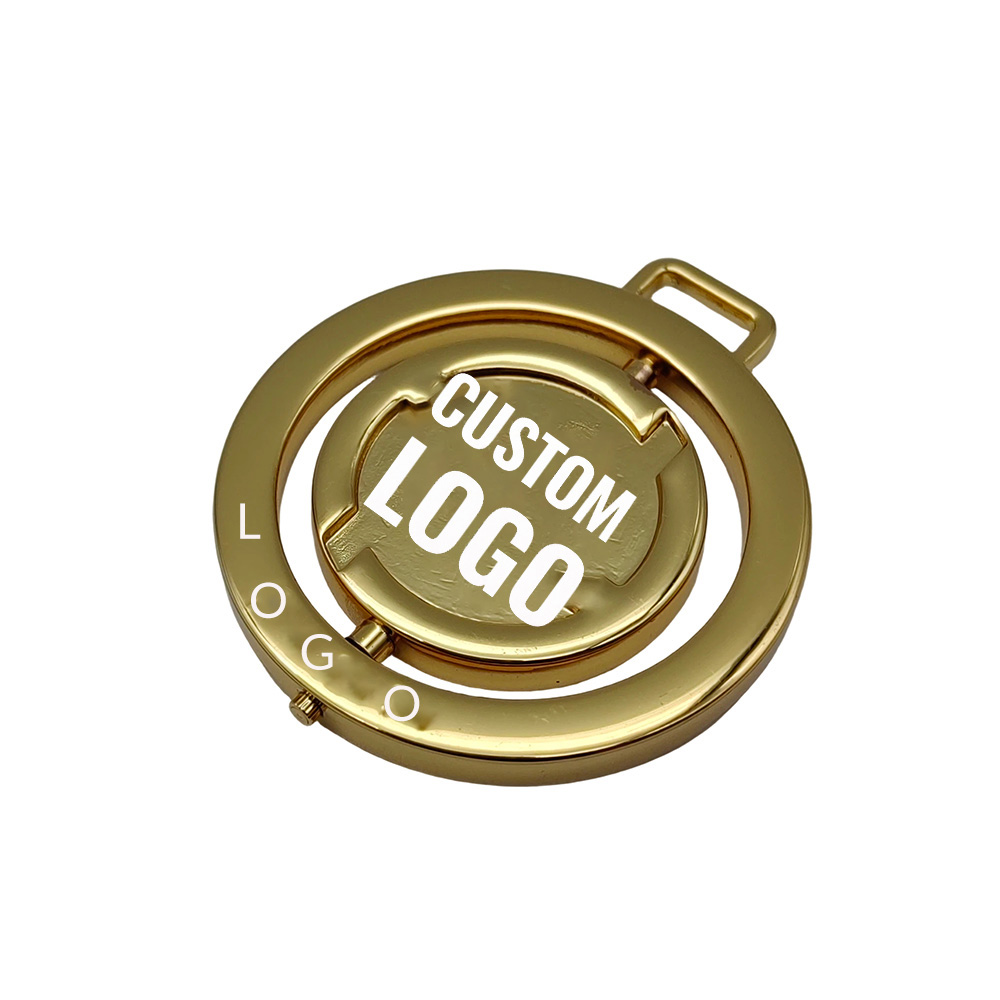 Premium rotating logo tag bag hardware with custom brand text engraved on a round zinc alloy plate.