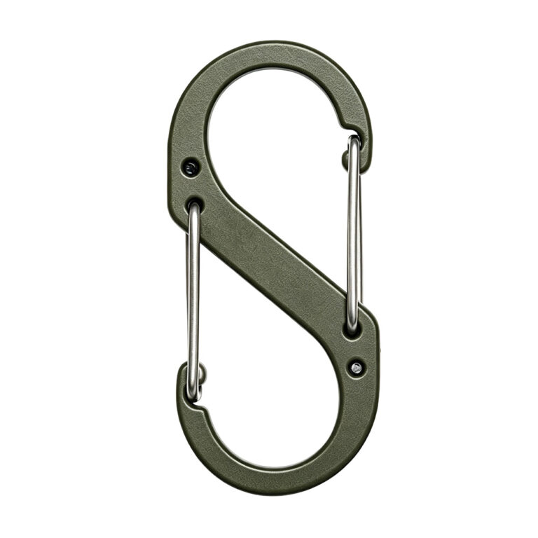 Matte olive green S hook carabiner clip with reliable spring steel gate wire.