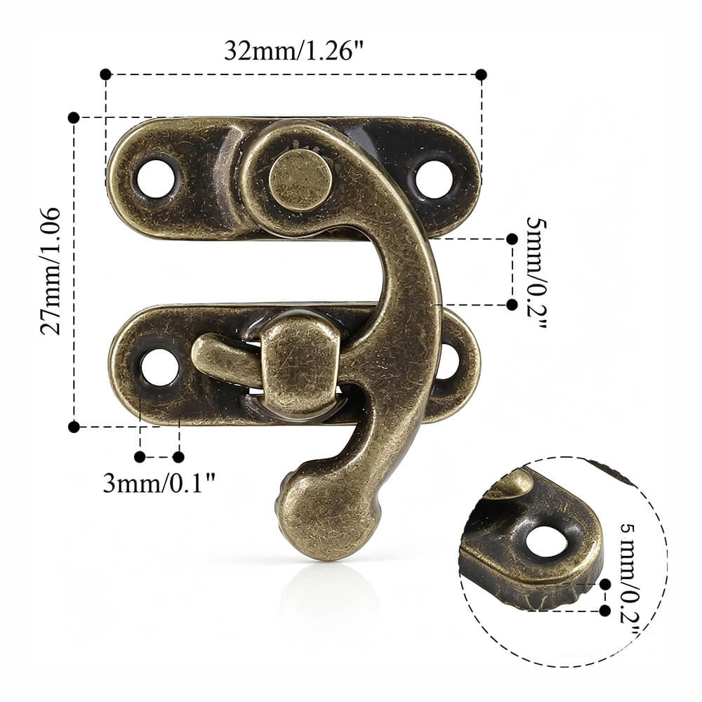 Screw mounted bag lock manufacturer specification sheet showing 32mm width and 27mm height size details for quality inspection.