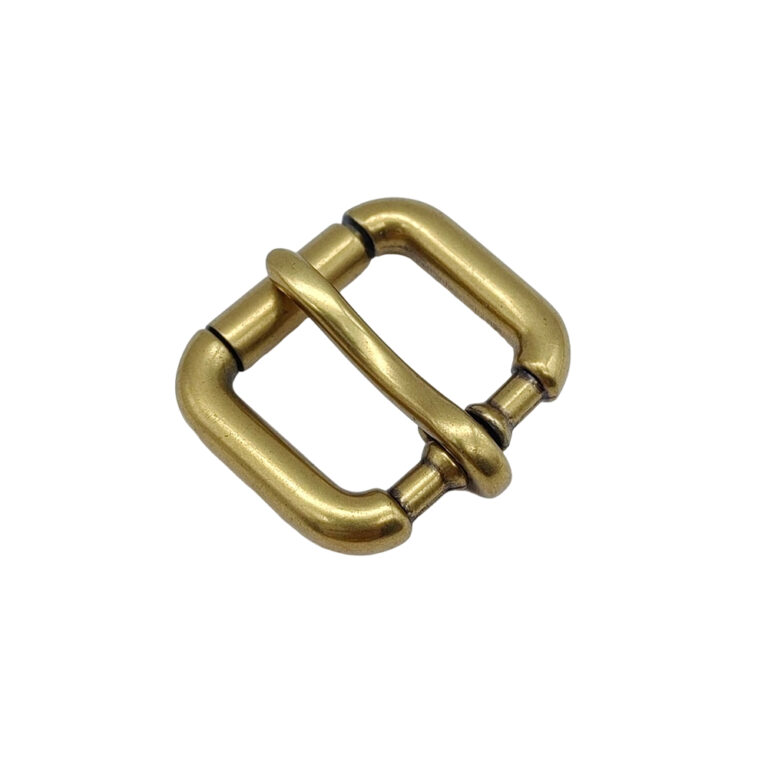 Antique brass solid brass roller buckle with a single prong for leather straps.