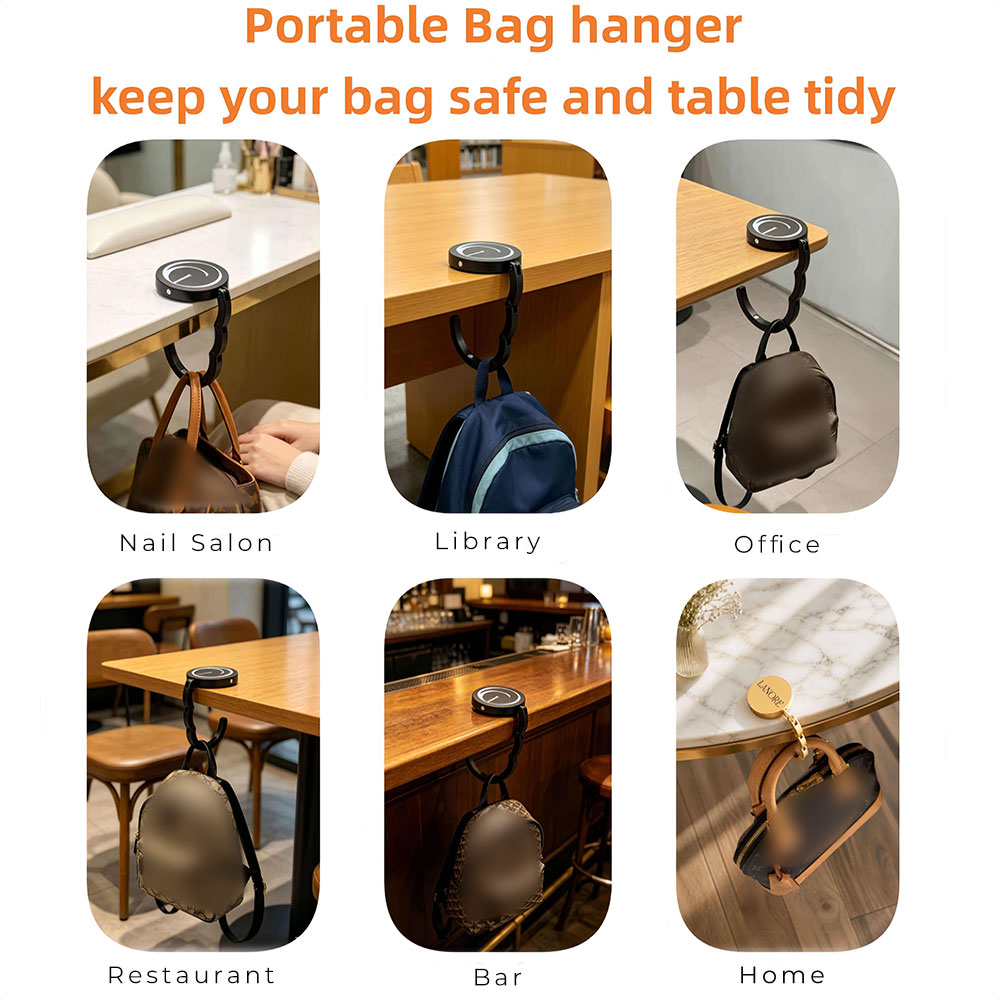 Portable folding bag hanger hook used as a table hook for purse in various settings like offices and libraries.
