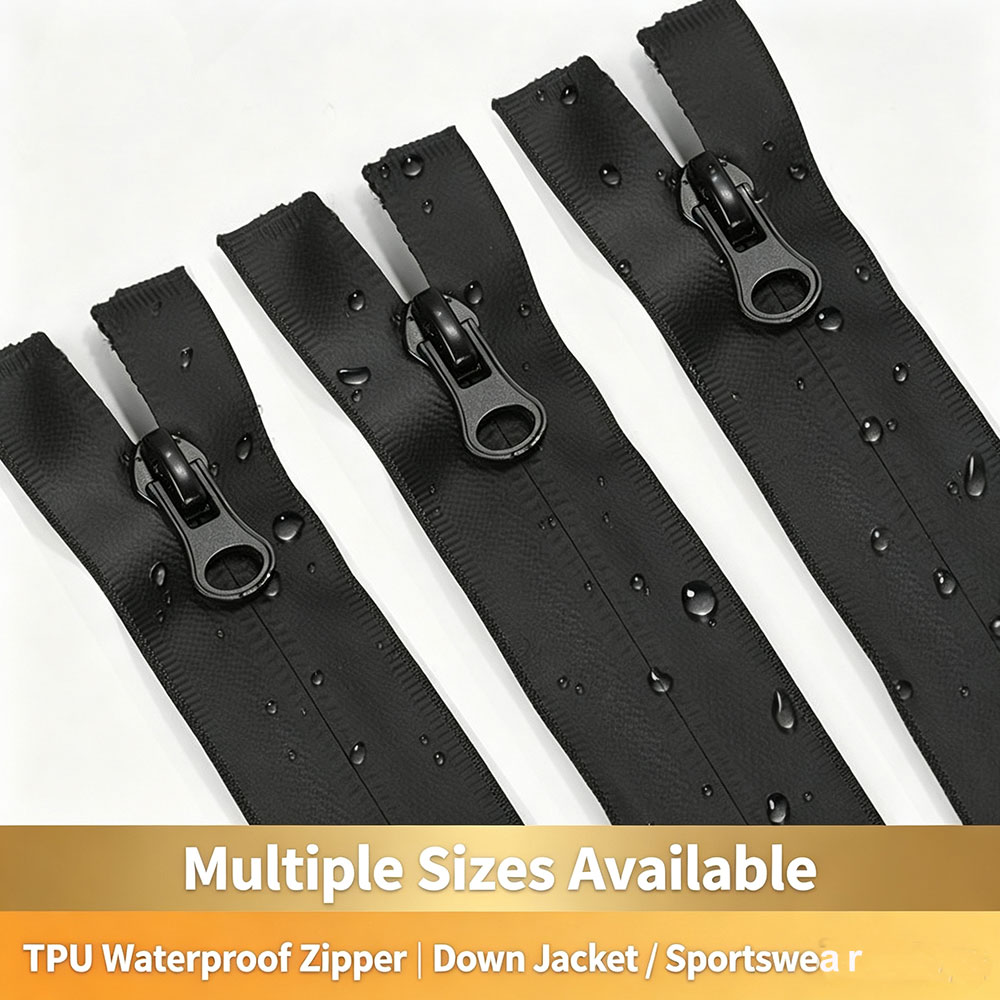 TPU coated zipper available in multiple sizes, ideal for down jackets, sportswear, and bags.