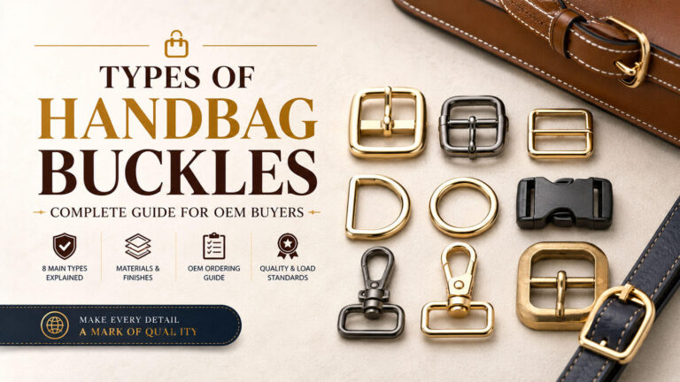 types of handbag buckles OEM guide hero image showing pin buckle roller buckle D-ring and side-release buckle samples