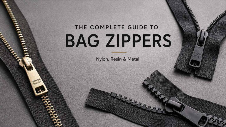 A professional comparison of different types of zippers for bags including metal, nylon coil, and resin zippers for OEM manufacturing.