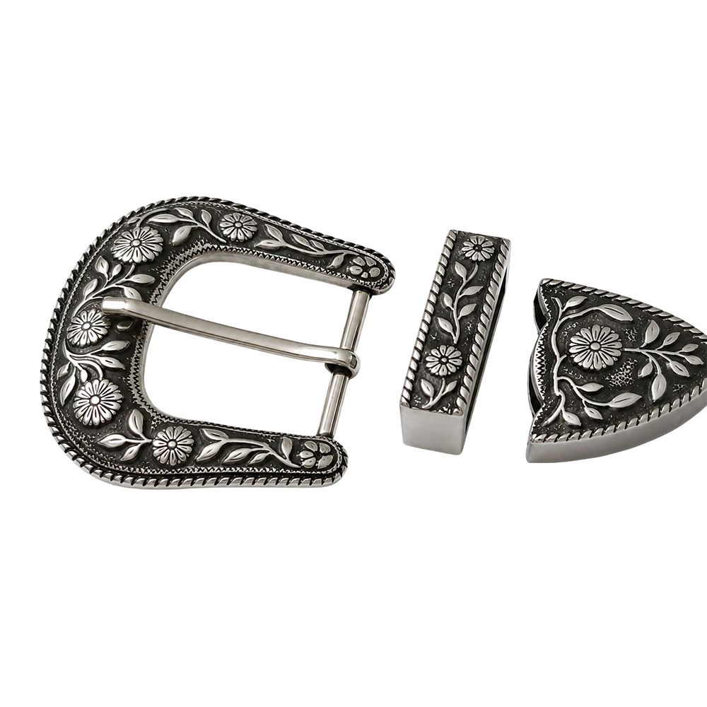 Western belt buckle wholesale featuring zinc alloy buckle, belt loop keeper, and belt tip hardware.