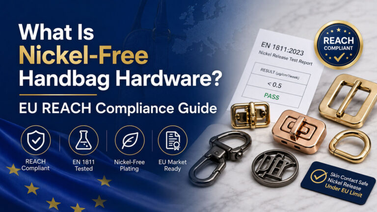 Nickel-free handbag hardware including buckles, logo plates, D-rings and turn locks meeting EU REACH compliance with EN 1811 nickel release testing.