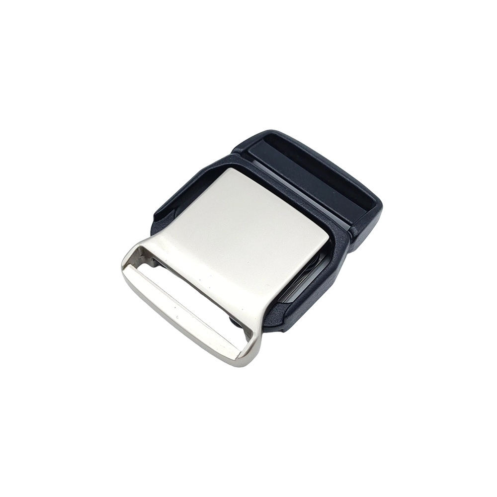 Angled view of a zinc alloy plate side release buckle for backpack straps and heavy-duty gear.