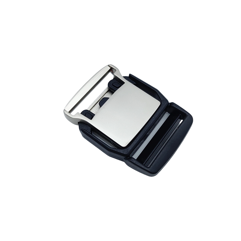 A high-quality zinc alloy side release buckle with a durable black plastic and metal hybrid body, designed for webbing strap securement.