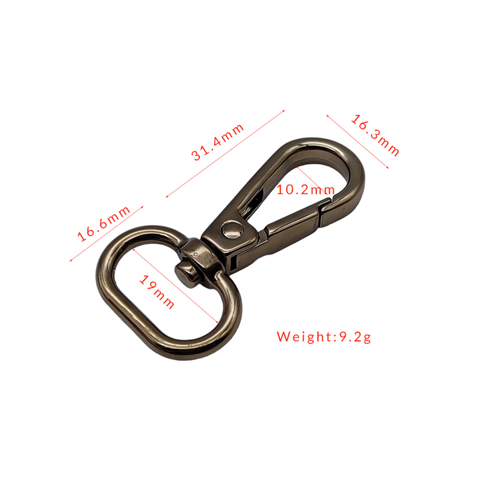 Detailed size specifications of the zinc alloy swivel metal snap hook, showing its exact product weight and measurements.