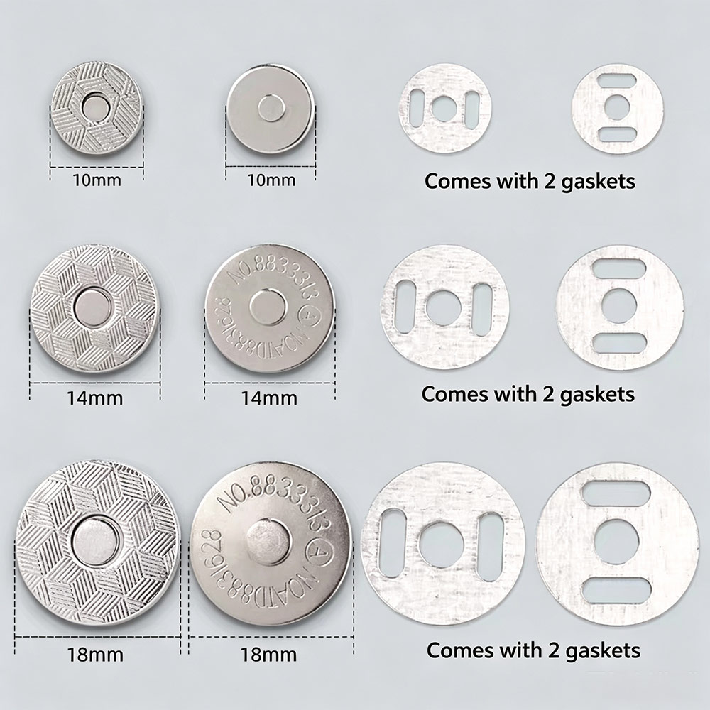 10mm, 14mm, and 18mm magnetic snap sizes with gasket plates