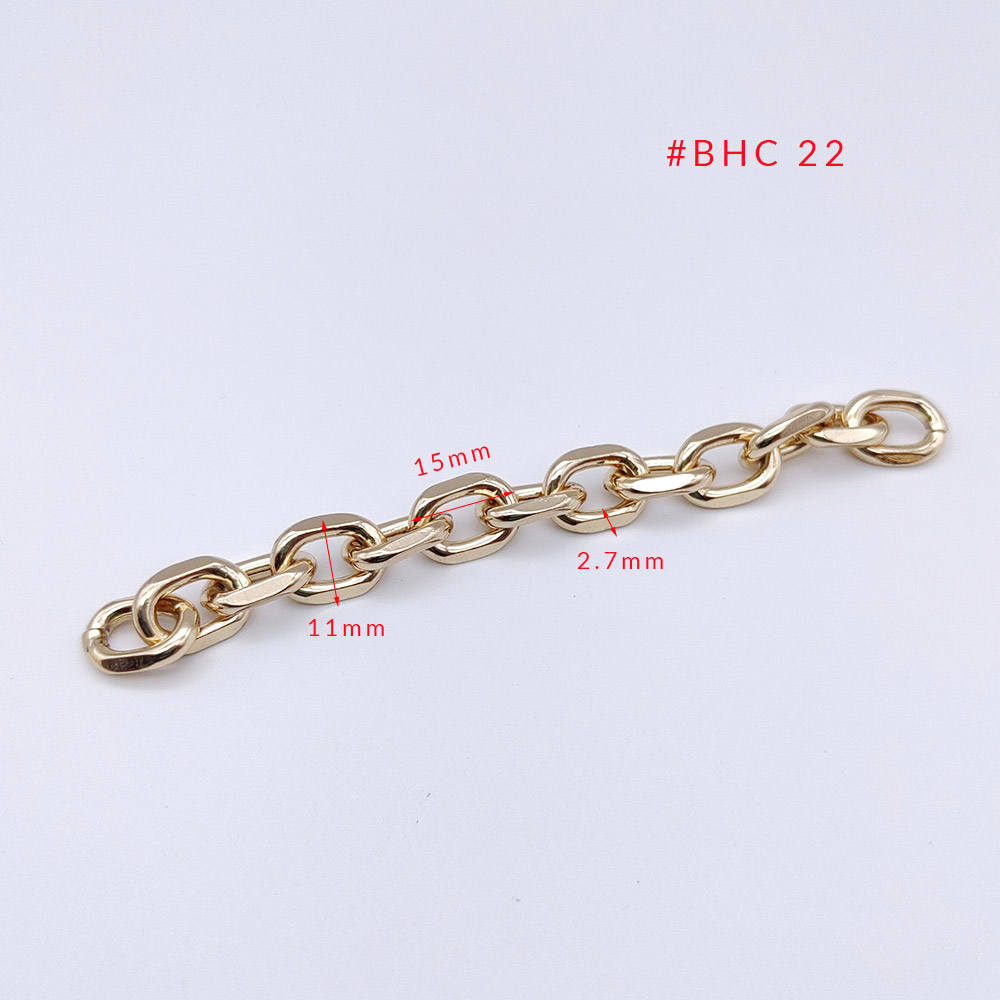 Technical specifications of a 13mm metal cable chain showing 2.7mm wire diameter and 11mm inner length for wholesale metal chains for handbags.