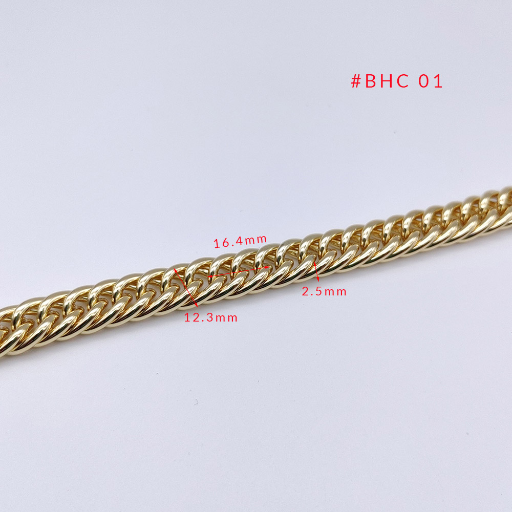 Technical drawing of a 16.4mm curb link bag chain showing 2.5mm wire diameter and 12.3mm inner clearance for luxury handbag hardware.