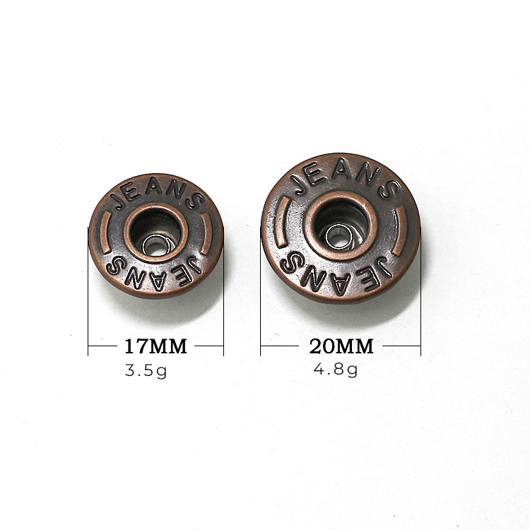 comparison of 17mm vs 20mm jeans button sizes for custom denim clothing applications