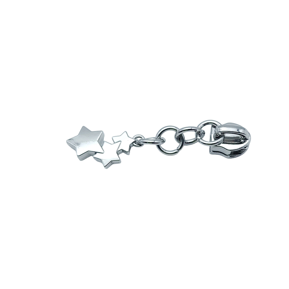 Horizontal view of a 5# star zipper pull with linked chain and metal clasp