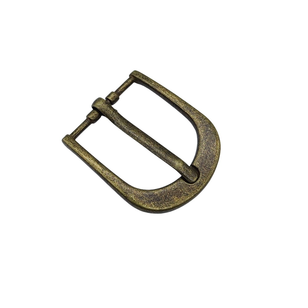 Compact antique bronze roller buckle shown at an angle with a thin frame and central strap bar