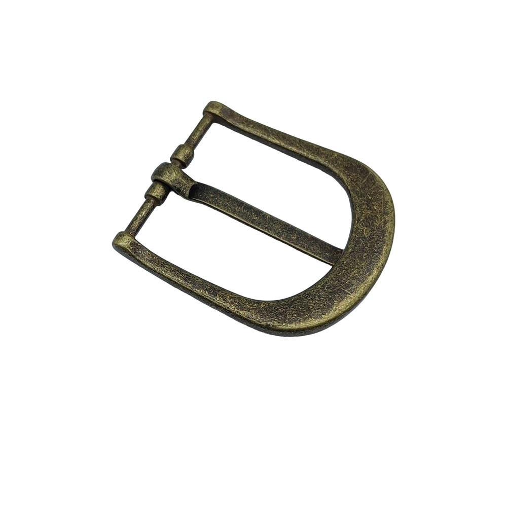 Top-angle view of a thin antique bronze metal belt buckle with a compact rectangular frame