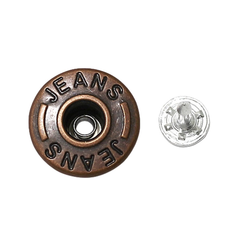 custom jeans tack buttons with antique copper finish and embossed logo by metal jeans button manufacturer