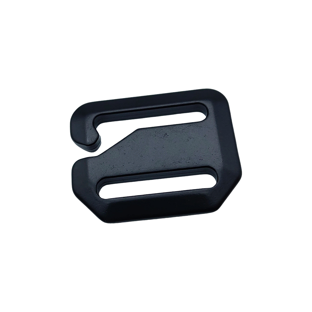 Horizontal black dog hook hardware with a G-hook opening and webbing slot