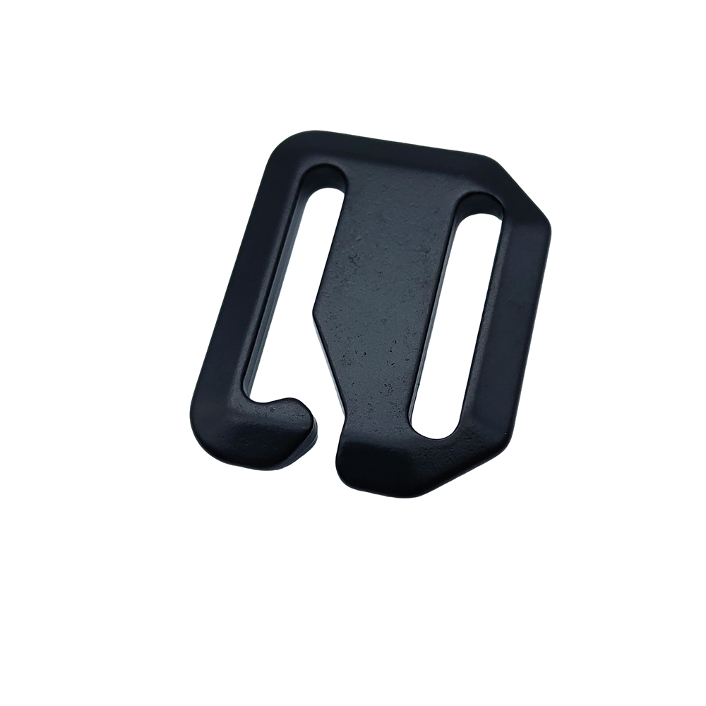 Front view of a black zinc alloy G-hook connector for webbing straps