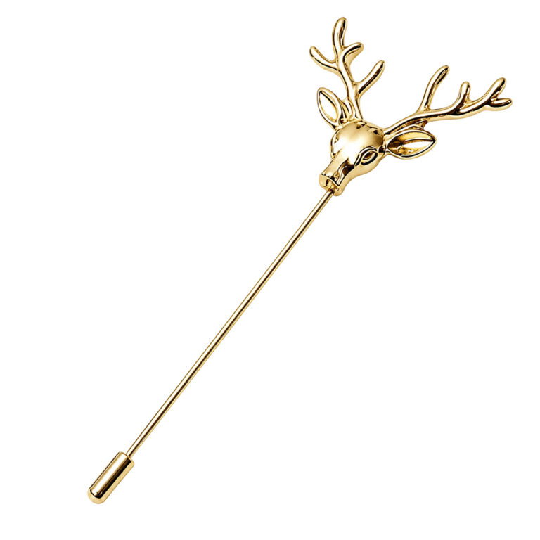 Custom deer head lapel pin in gold finish with detailed antlers and a long stick pin post