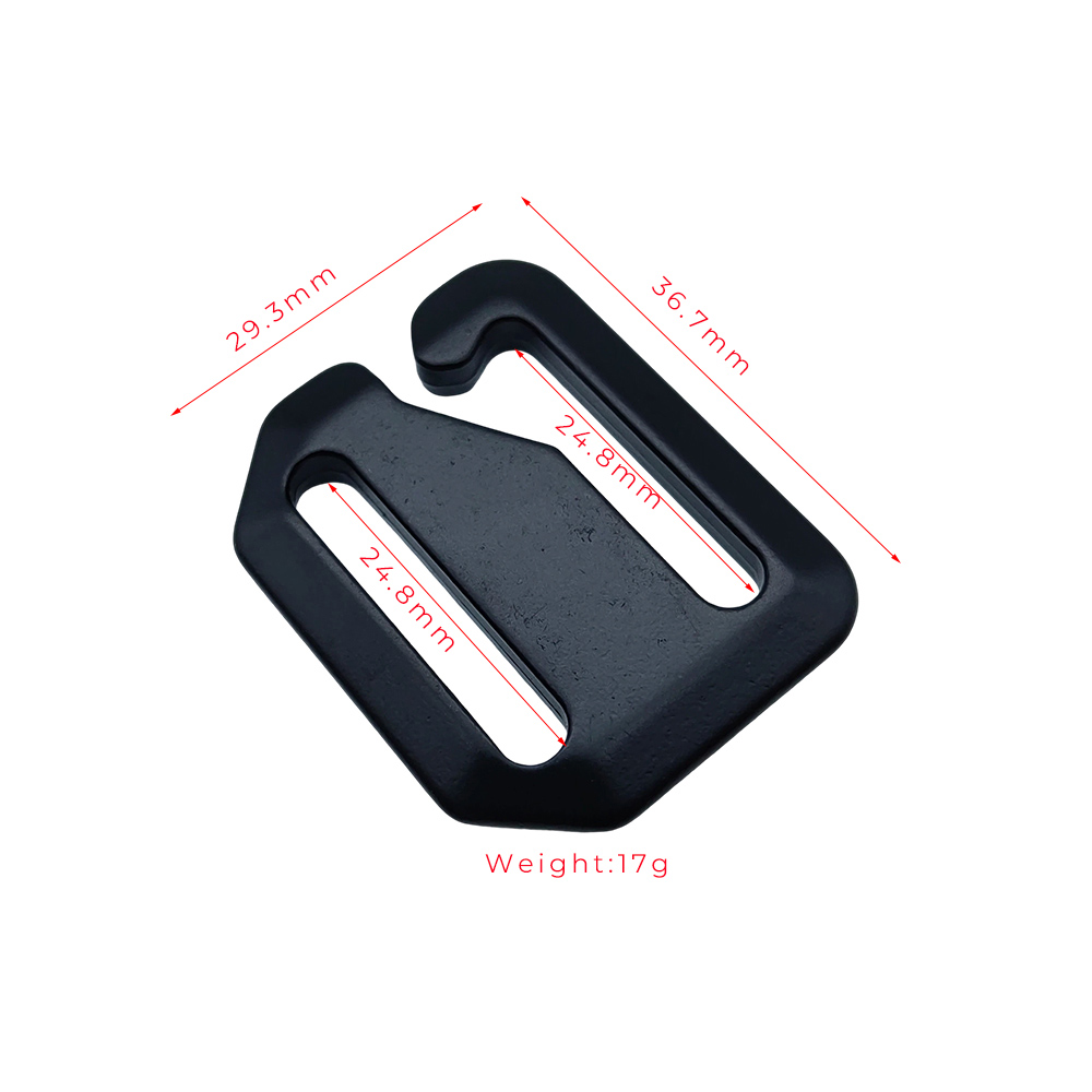 Dimensioned black custom dog hook connector showing size and webbing slot measurements