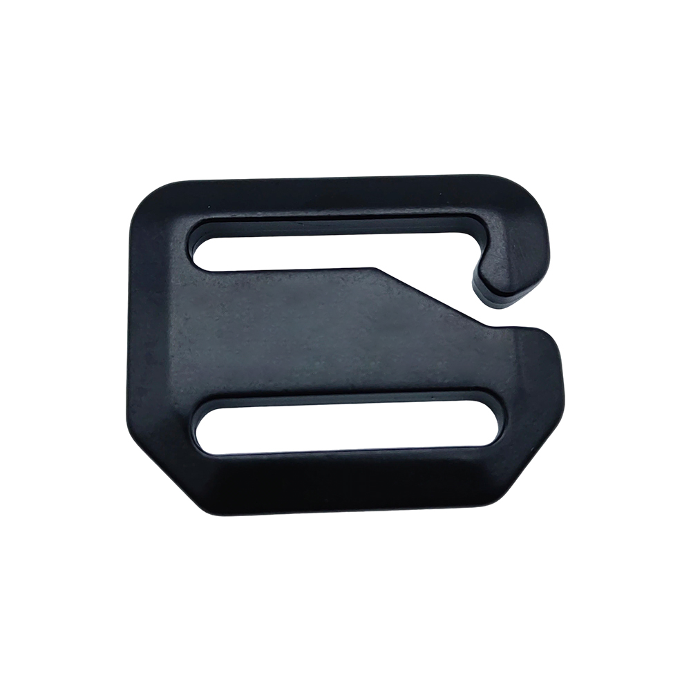 Black custom dog hook hardware made from zinc alloy with a G-hook profile and webbing slot