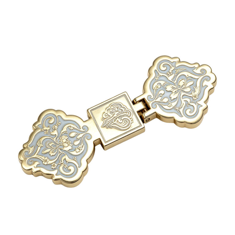 Custom gift box metal clasp with floral engraved design and light enamel fill