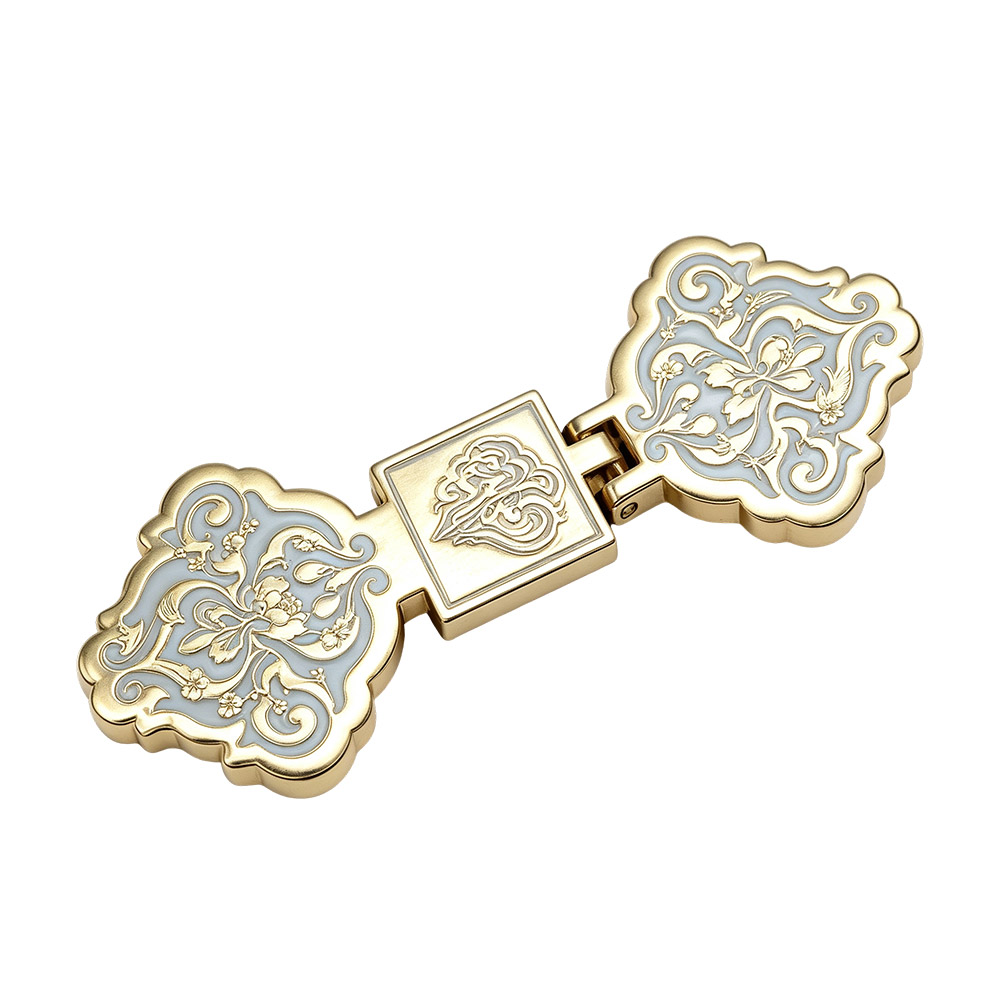 Custom gift box metal clasp with floral engraved design and light enamel fill