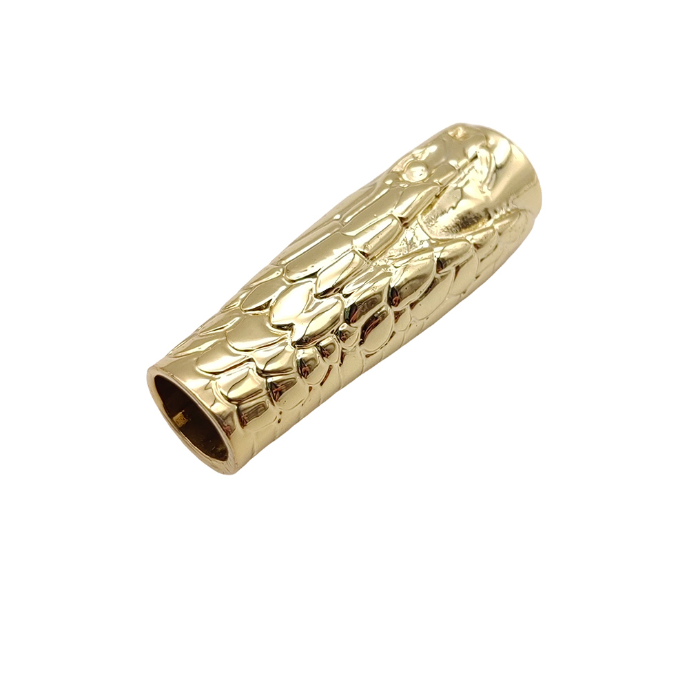 Custom gold metal cable sleeve with visible threaded opening and snake texture