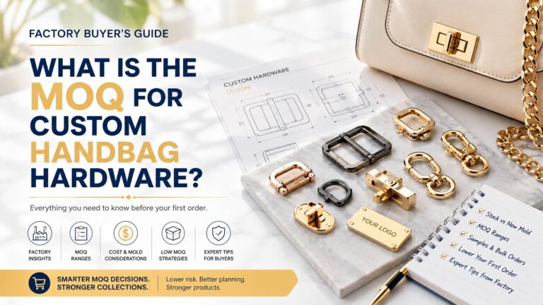 Infographic explaining the MOQ for custom handbag hardware, including buckles, chains, logo plates, turn locks, and common order quantities.