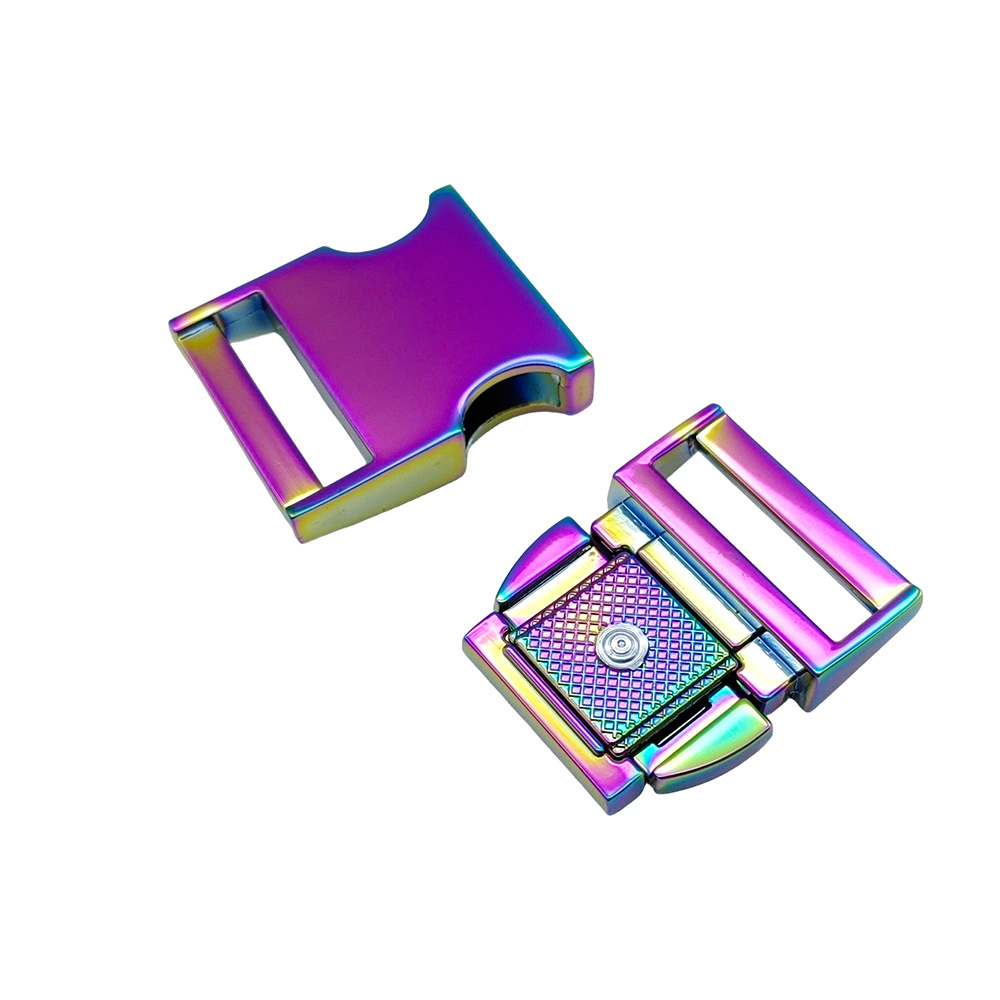Custom metal side release buckle assembly with rainbow plating and textured center panel
