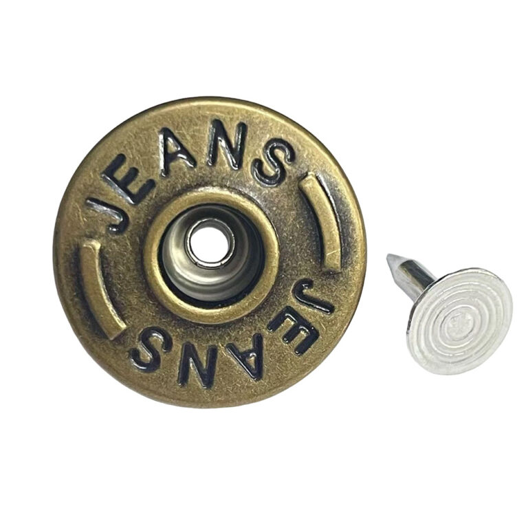 custom jeans tack buttons with antique copper finish and embossed logo by metal jeans button manufacturer