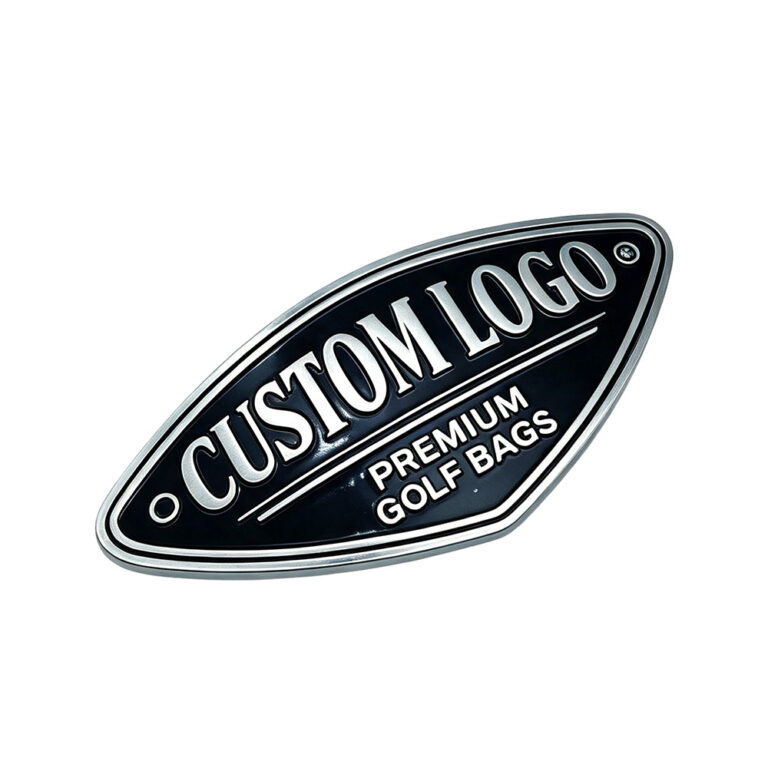 Custom metal logo plate for golf bags with chrome border and enamel-filled lettering