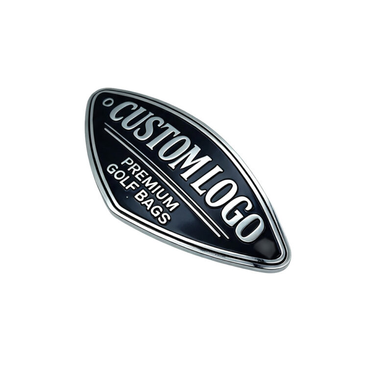 Custom metal logo plate for golf bags with chrome border and enamel-filled lettering